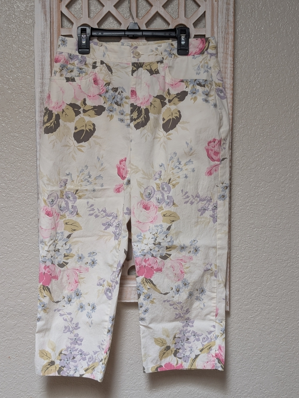 Vintage Lauren Ralph Lauren Pants Women Sz 4 White Floral Cropped Capris Stretch